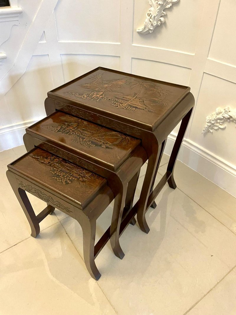 Antique Quality Carved Teak Nest of 3 Tables - Image 2