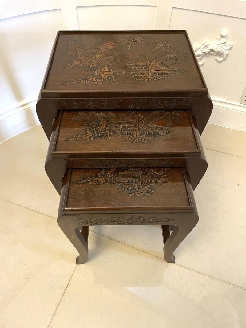 Antique Quality Carved Teak Nest of 3 Tables - Image 3