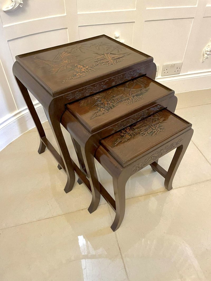 Antique Quality Carved Teak Nest of 3 Tables