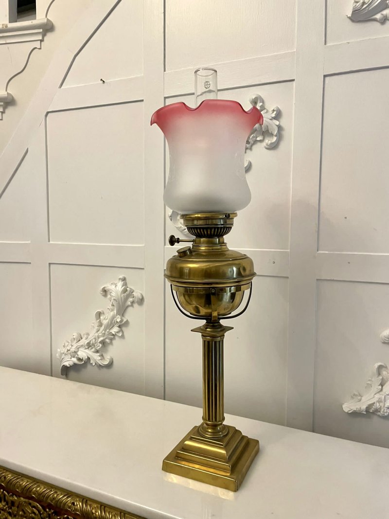 Antique Victorian Reeded Column Brass Oil Lamp - Image 2