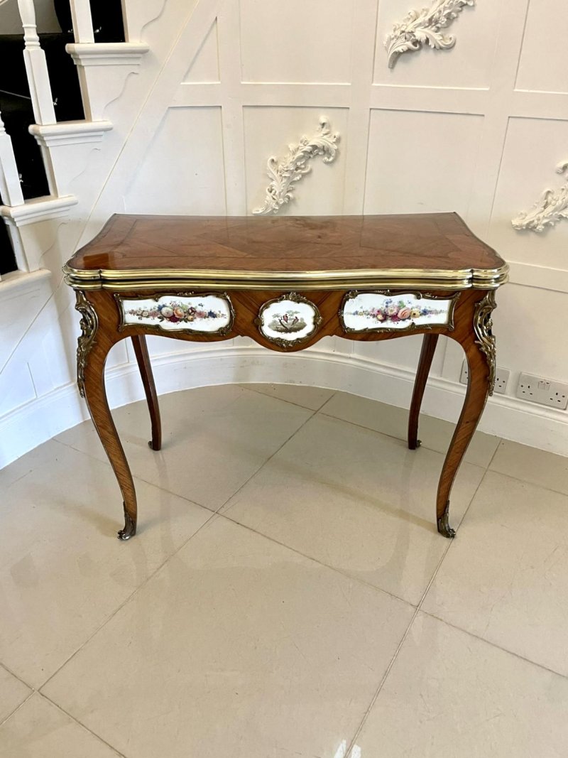 Antique Victorian Kingwood Porcelain and Ormolu Console Card Table by G T Morant
