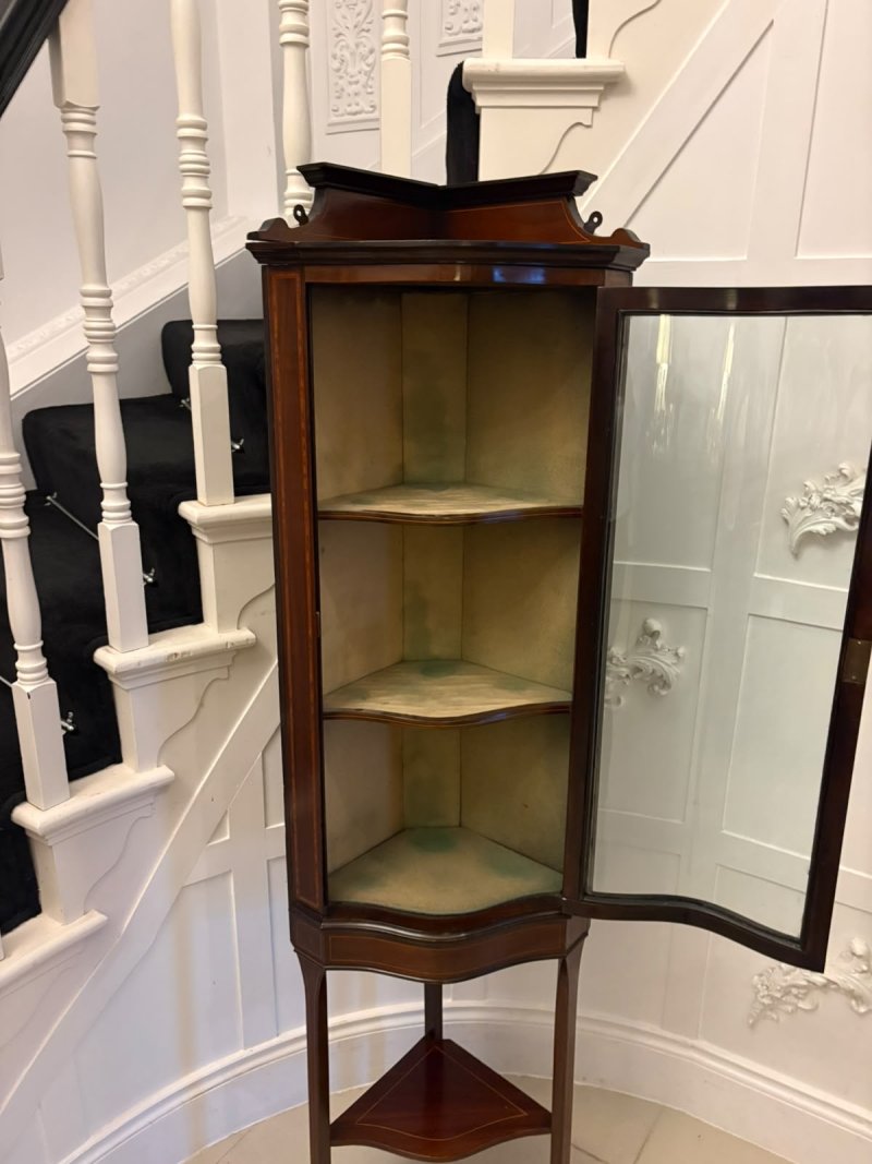 Antique Edwardian Mahogany Inlaid Serpentine Corner Display Cabinet - Image 6