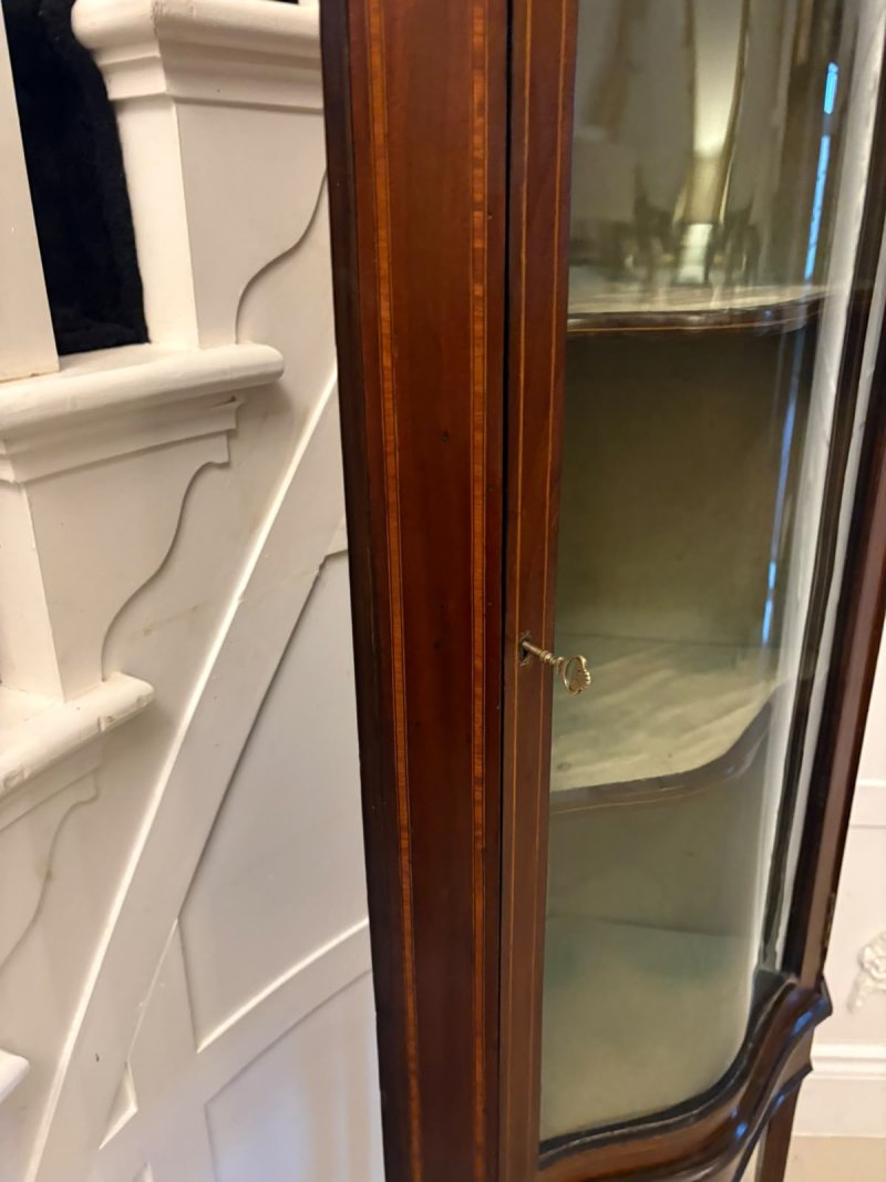Antique Edwardian Mahogany Inlaid Serpentine Corner Display Cabinet - Image 13