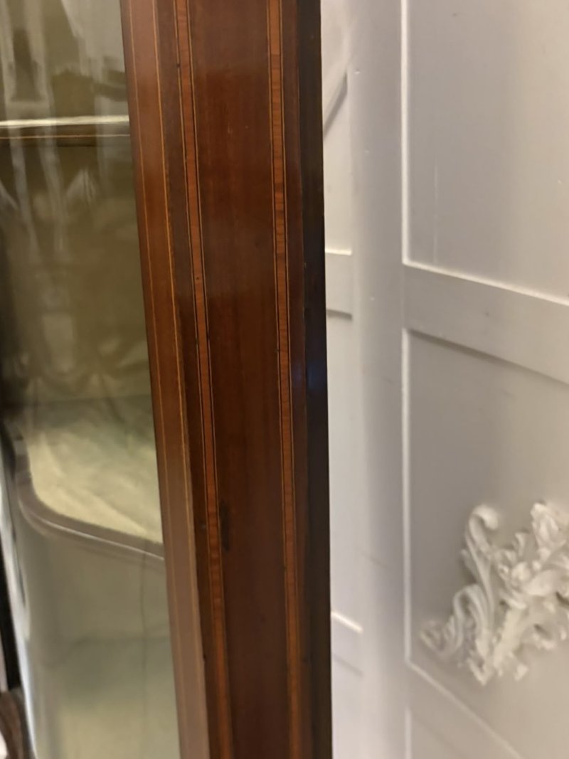 Antique Edwardian Mahogany Inlaid Serpentine Corner Display Cabinet - Image 11