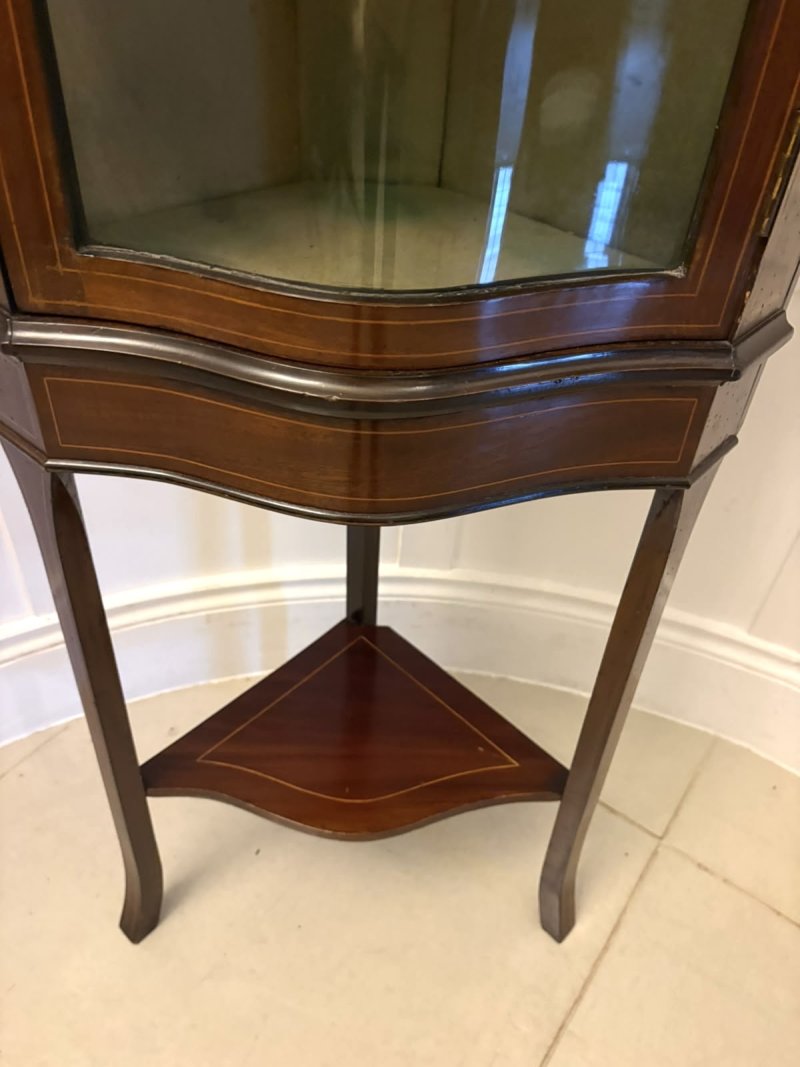 Antique Edwardian Mahogany Inlaid Serpentine Corner Display Cabinet - Image 8