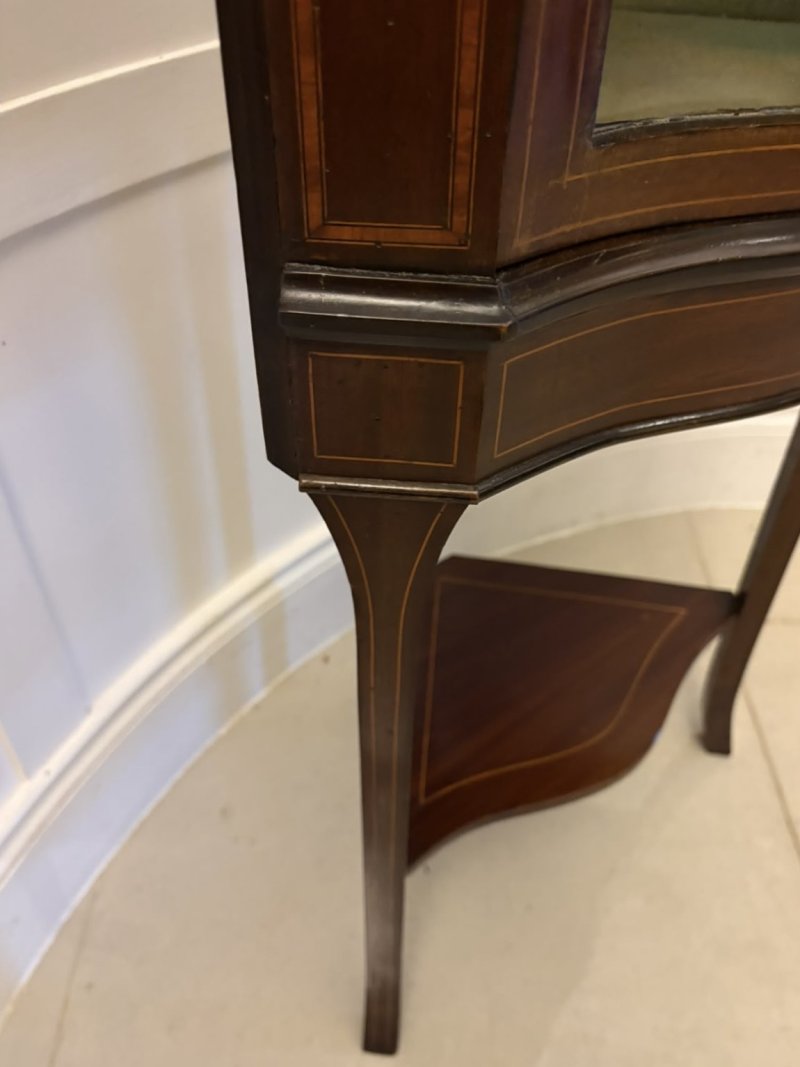 Antique Edwardian Mahogany Inlaid Serpentine Corner Display Cabinet - Image 10