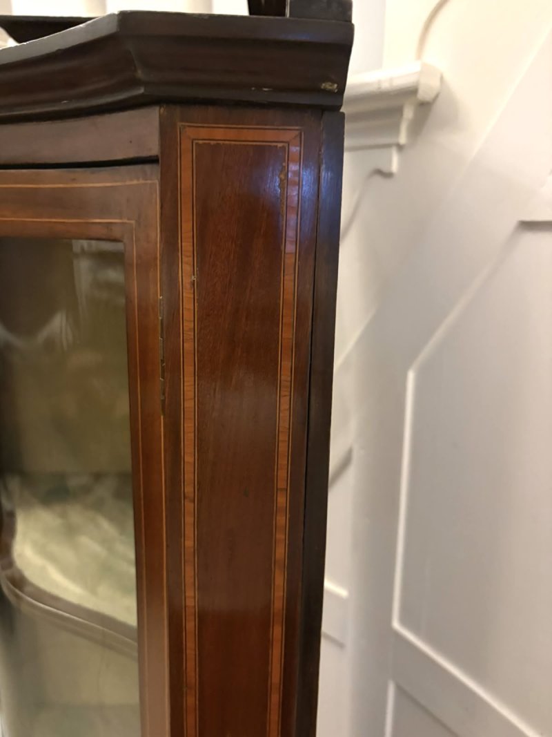 Antique Edwardian Mahogany Inlaid Serpentine Corner Display Cabinet - Image 14