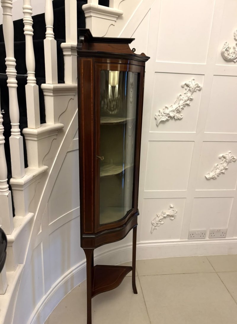 Antique Edwardian Mahogany Inlaid Serpentine Corner Display Cabinet - Image 7