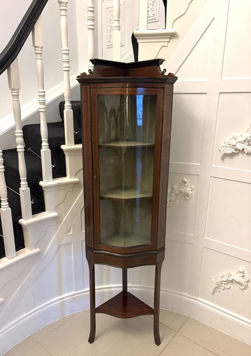 Antique Edwardian Mahogany Inlaid Serpentine Corner Display Cabinet