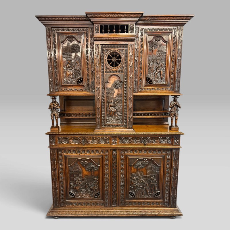 Antique Mid-19th Century French Breton Carved Oak Buffet Cabinet