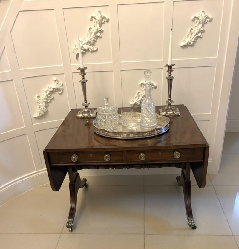 Antique Regency Freestanding Mahogany Drop Leaf Sofa Table with Brass Inlay - Image 4