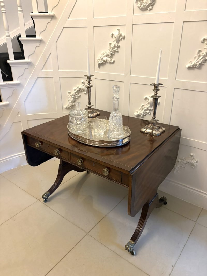 Antique Regency Freestanding Mahogany Drop Leaf Sofa Table with Brass Inlay - Image 3