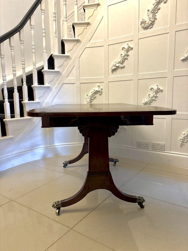 Antique Regency Freestanding Mahogany Drop Leaf Sofa Table with Brass Inlay - Image 10