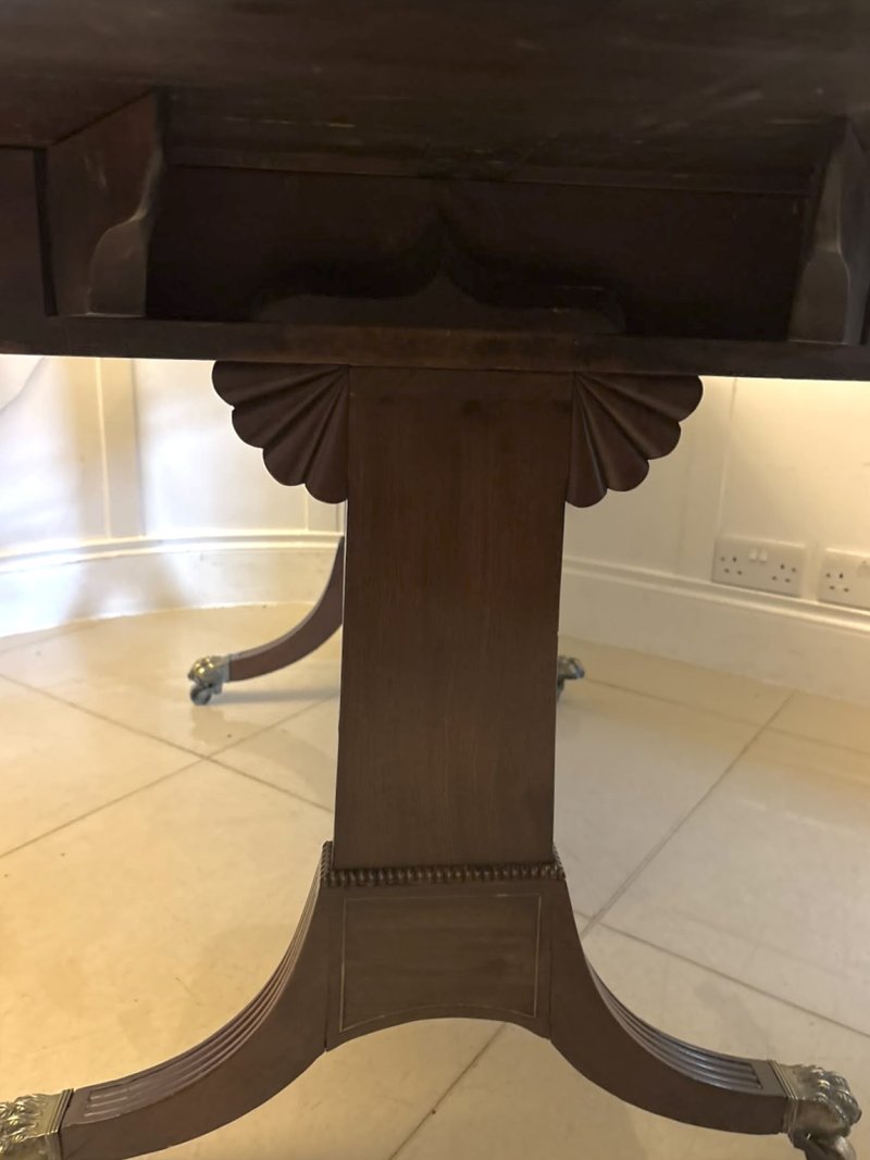 Antique Regency Freestanding Mahogany Drop Leaf Sofa Table with Brass Inlay - Image 11