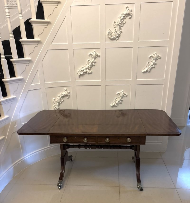 Antique Regency Freestanding Mahogany Drop Leaf Sofa Table with Brass Inlay - Image 7