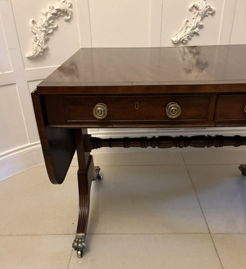 Antique Regency Freestanding Mahogany Drop Leaf Sofa Table with Brass Inlay - Image 16