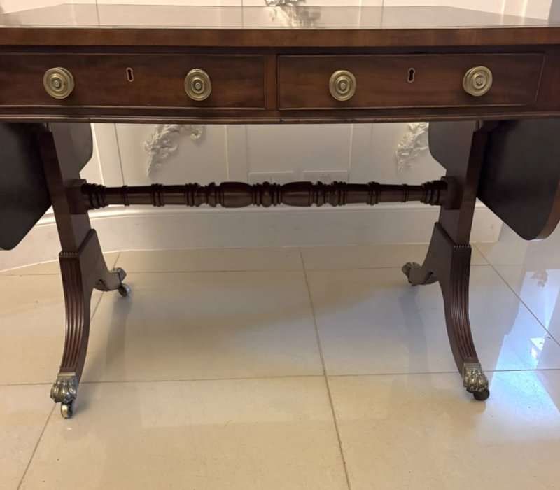 Antique Regency Freestanding Mahogany Drop Leaf Sofa Table with Brass Inlay - Image 18