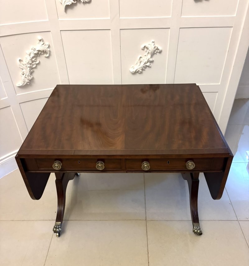 Antique Regency Freestanding Mahogany Drop Leaf Sofa Table with Brass Inlay - Image 5