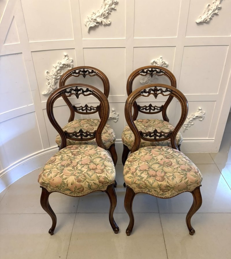 Antique Set of Four Victorian Carved Walnut Dining Chairs - Image 3