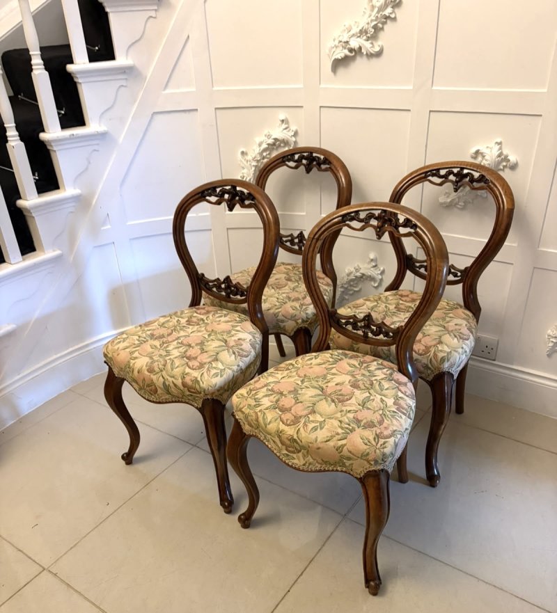 Antique Set of Four Victorian Carved Walnut Dining Chairs