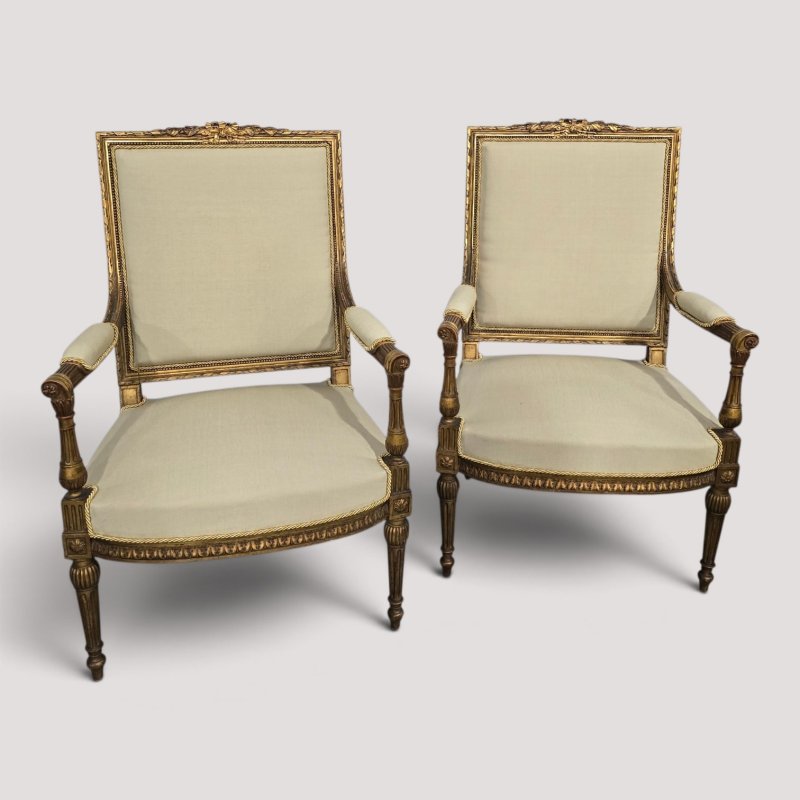 Super Quality Pair French Gilt Open Armchairs