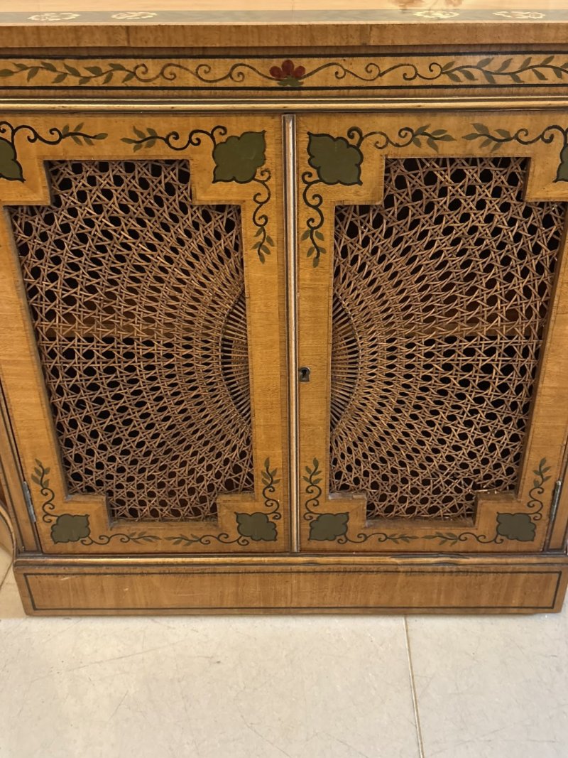 Antique Sheraton Revival Painted Satinwood and Cane Side Cabinet - Image 13
