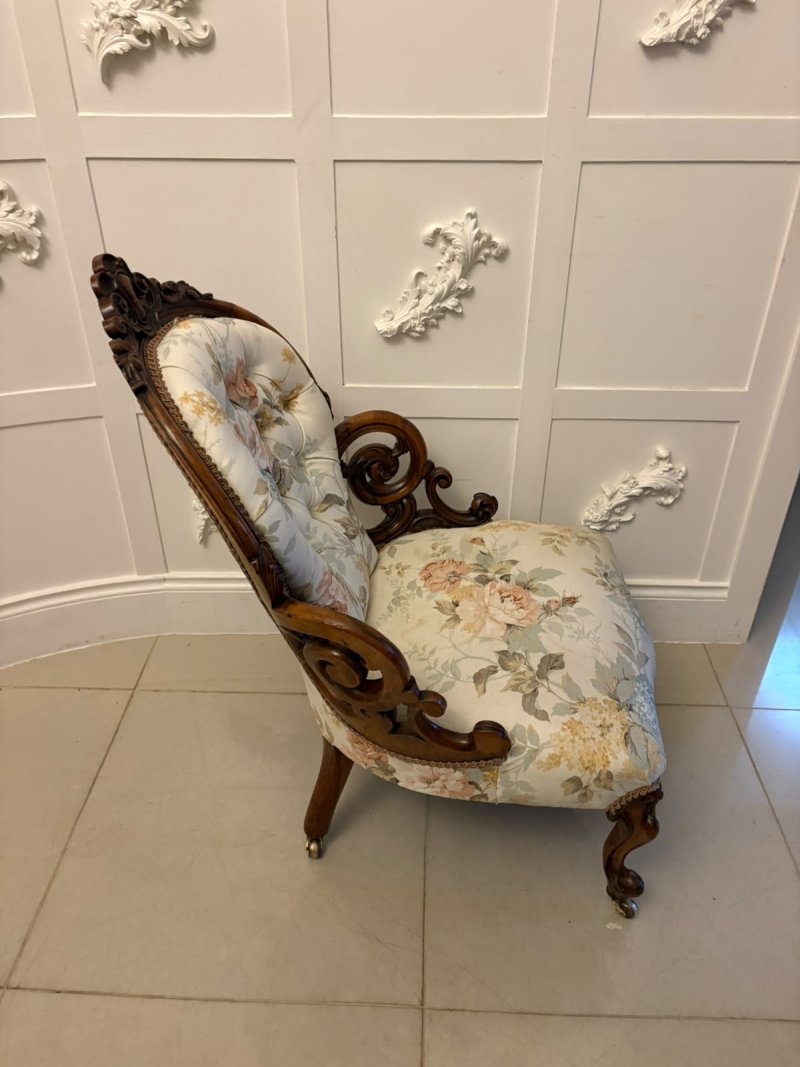 Antique Victorian Carved Walnut Upholstered Armchair - Image 3
