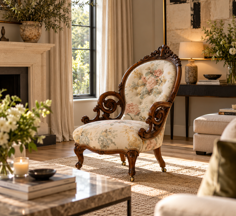 Antique Victorian Carved Walnut Upholstered Armchair - Image 4