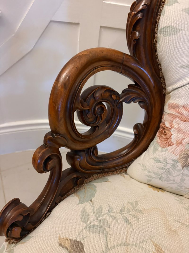 Antique Victorian Carved Walnut Upholstered Armchair - Image 8