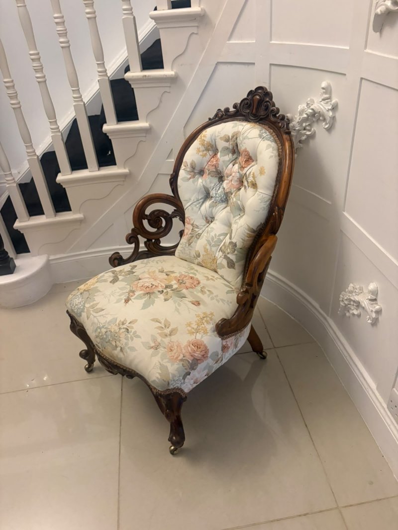 Antique Victorian Carved Walnut Upholstered Armchair - Image 7