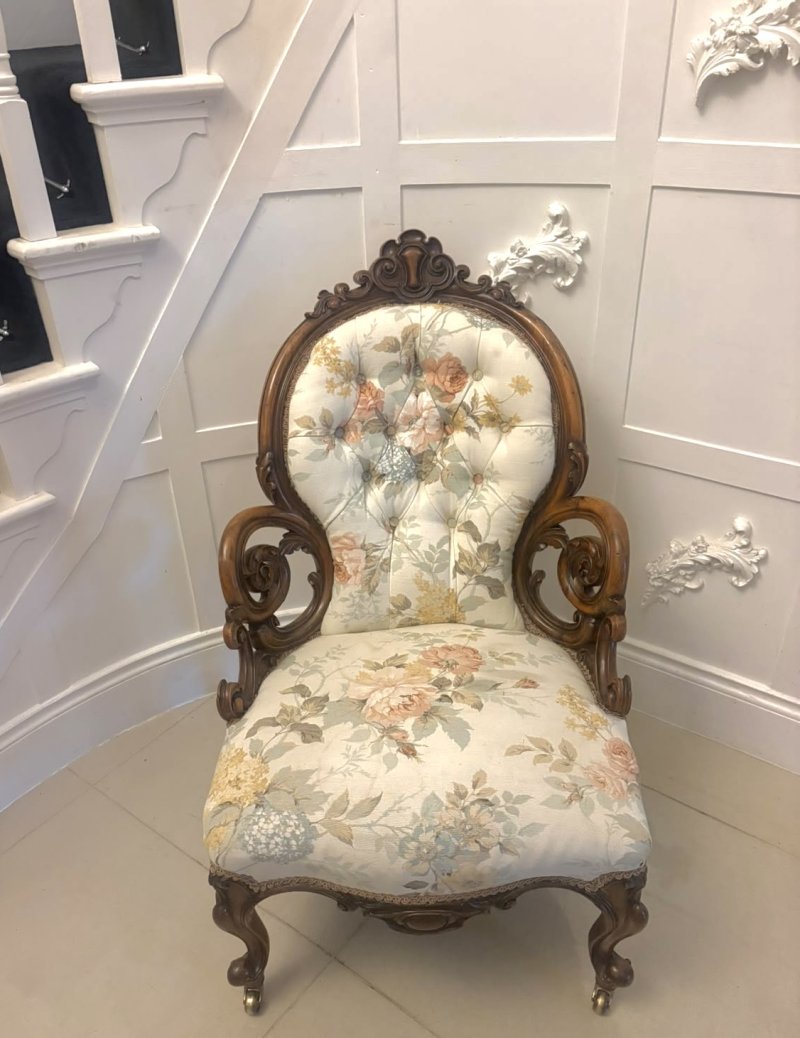 Antique Victorian Carved Walnut Upholstered Armchair - Image 5