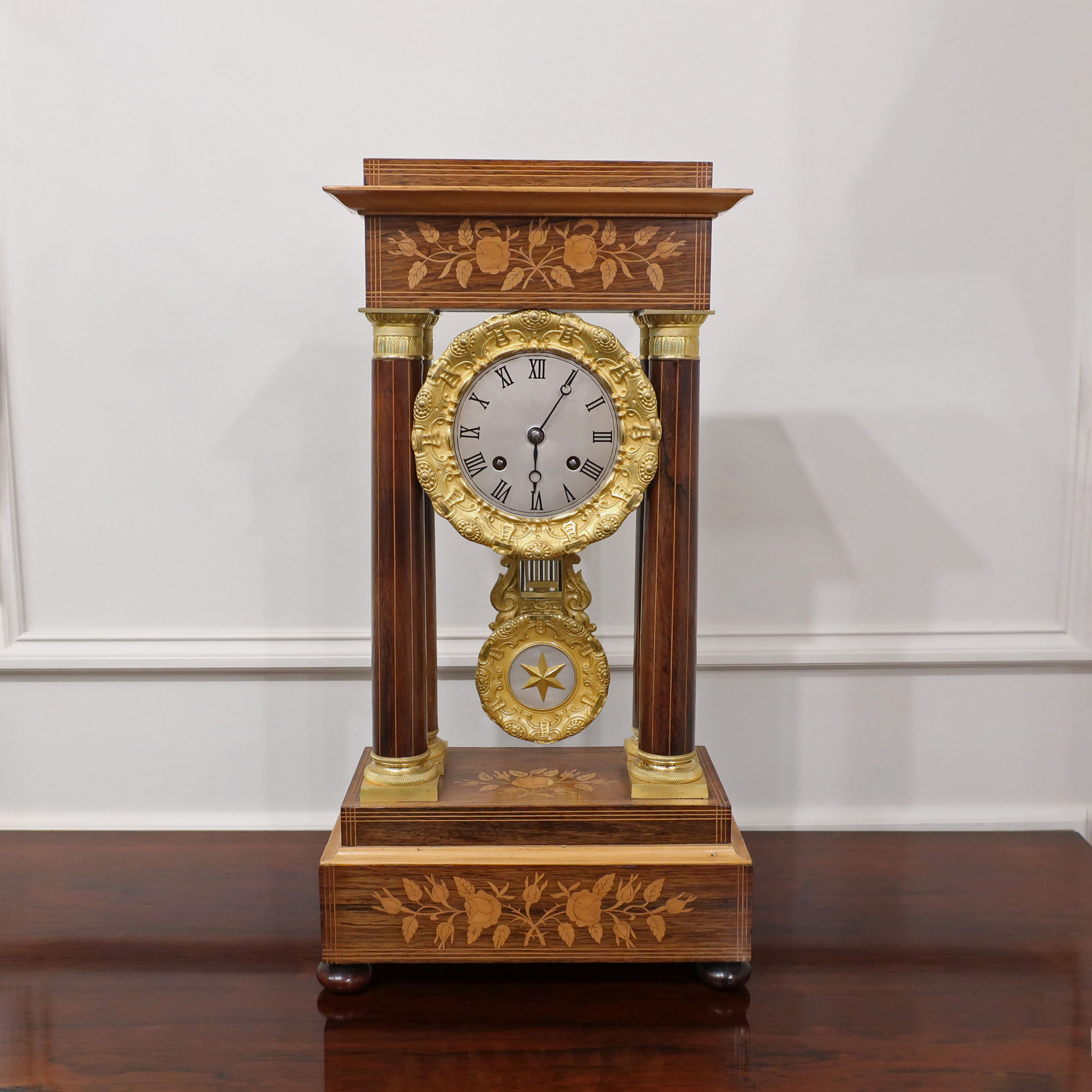 French Rosewood Portico Mantel Clock