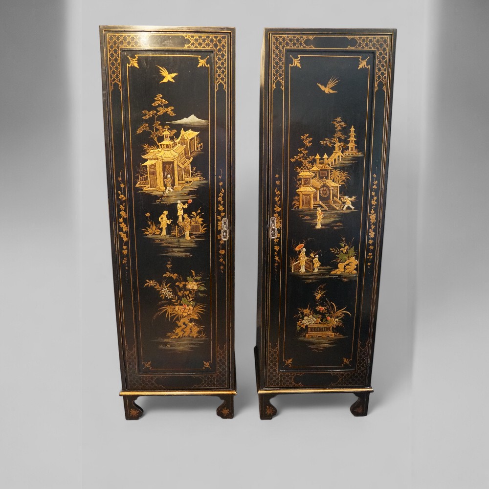 Pair of black lacquer Chinoiserie cupboards