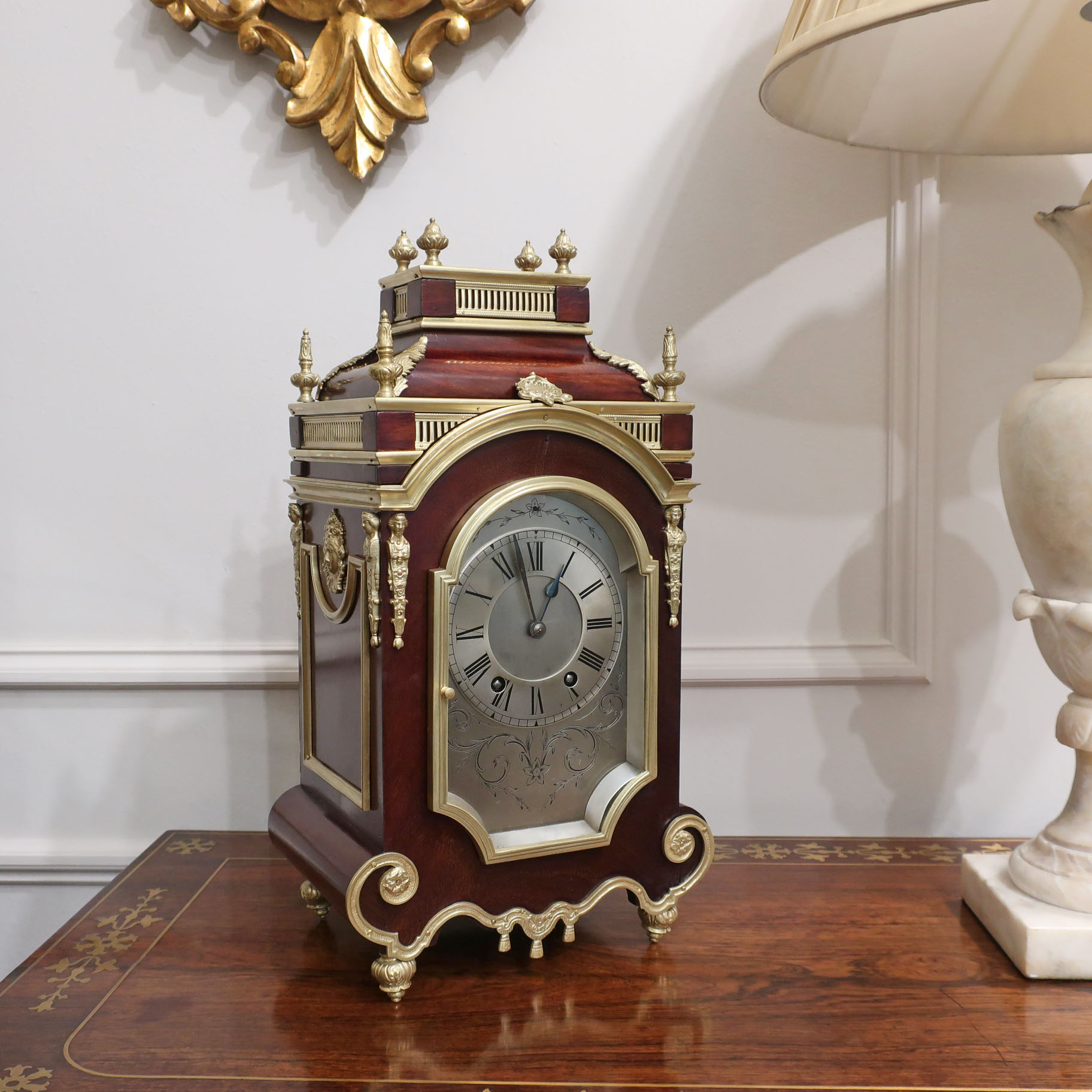 French Louis XIV Style Mahogany Mantel Clock