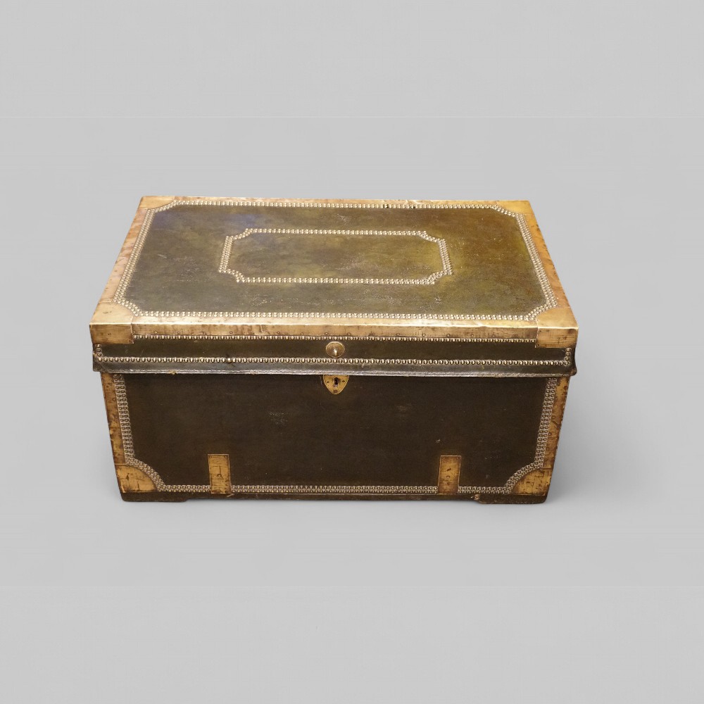 Regency green leather brass studded trunk