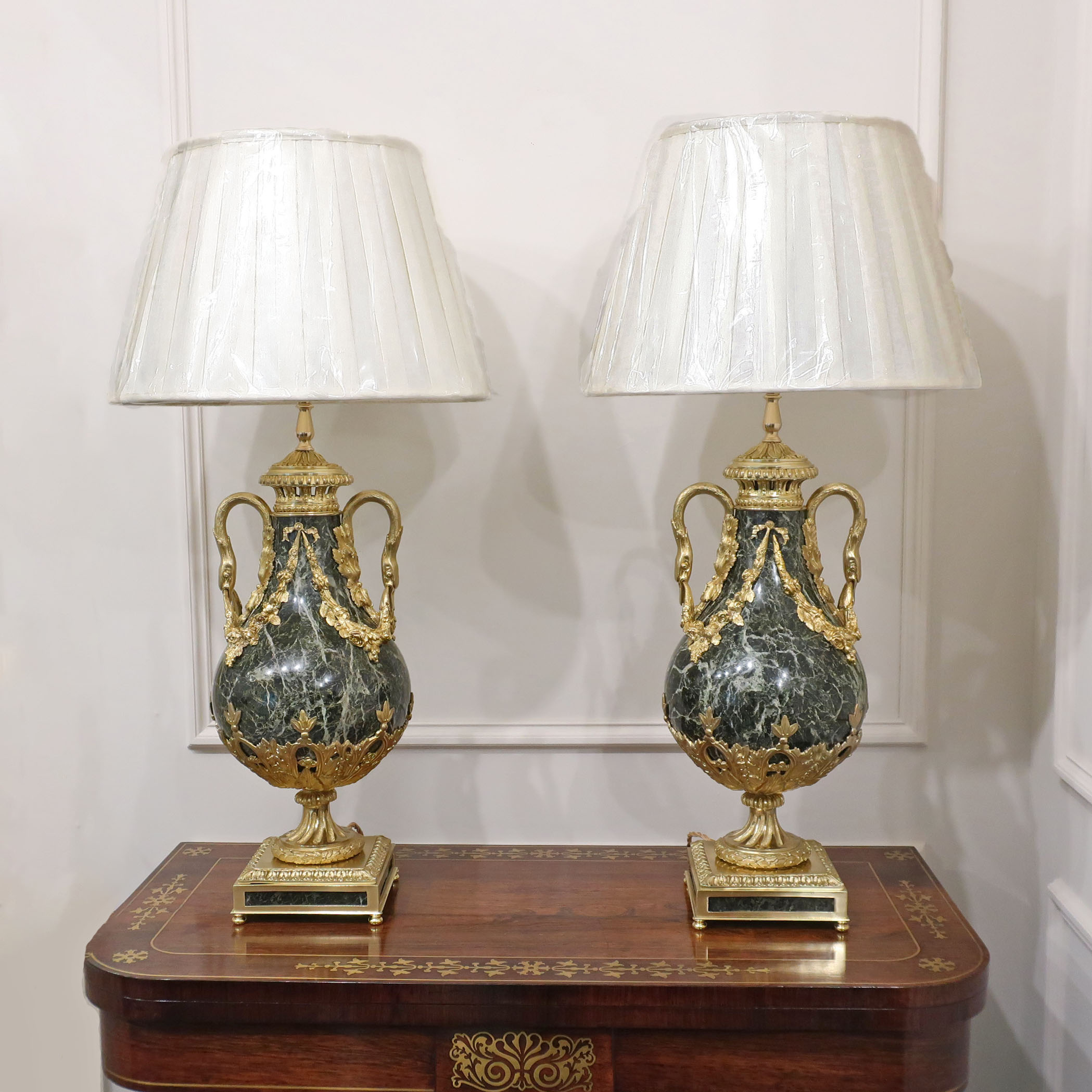 Pair of French Louis XVI Style Green Marble Table Lamps