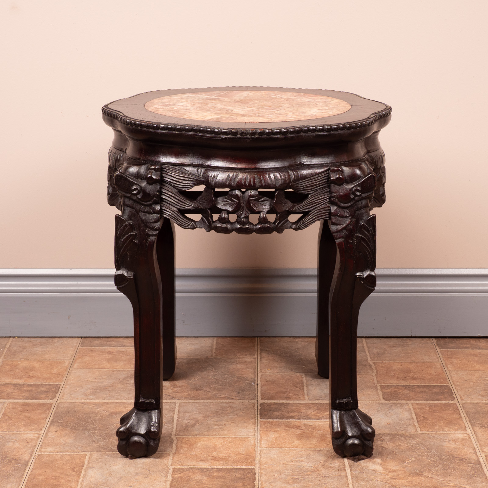 Carved Oriental Marble Topped Occasional Table