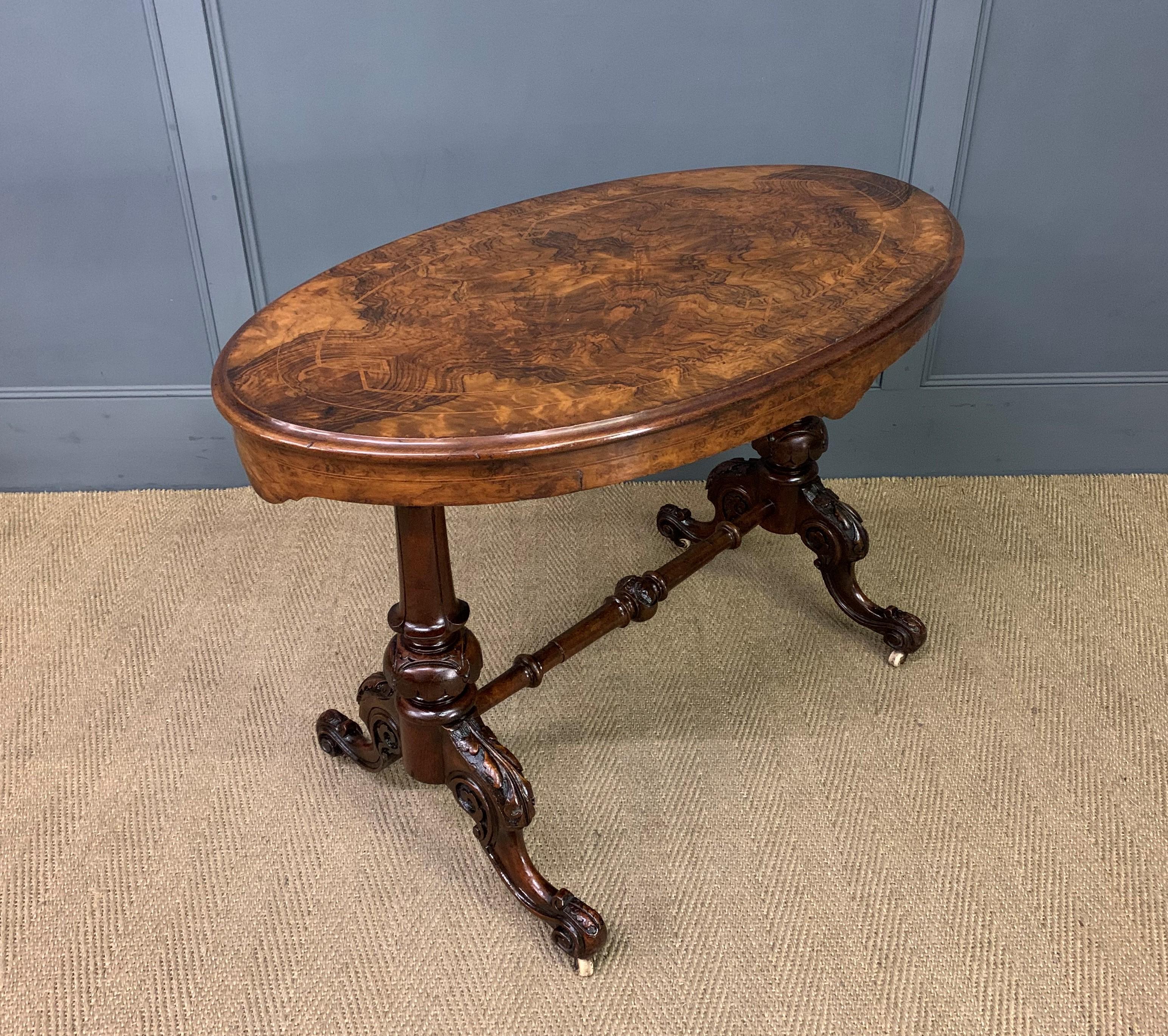 Victorian Inlaid Burr Walnut Stretcher Table