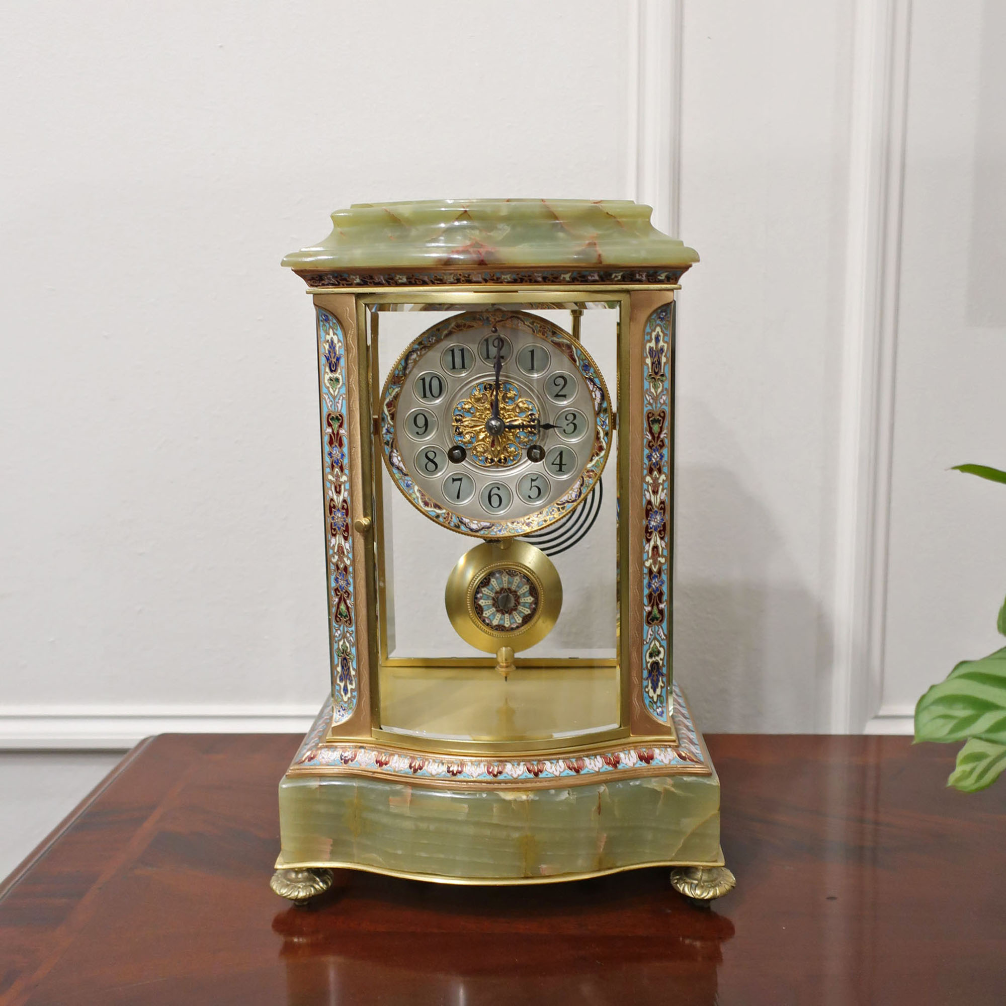 French Belle Epoque Four Glass, Champleve & Onyx Mantel Clock