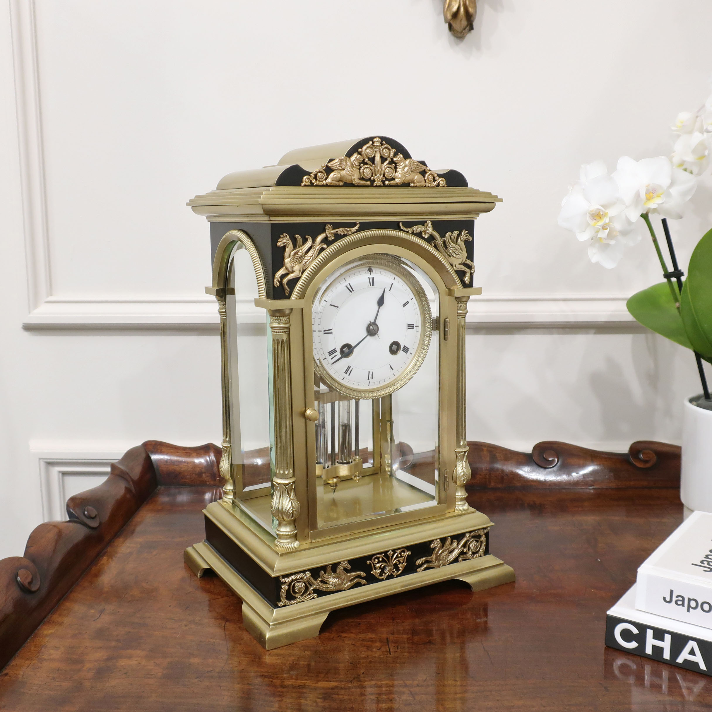 French Brass & Ebonised Four Glass Mantel Clock