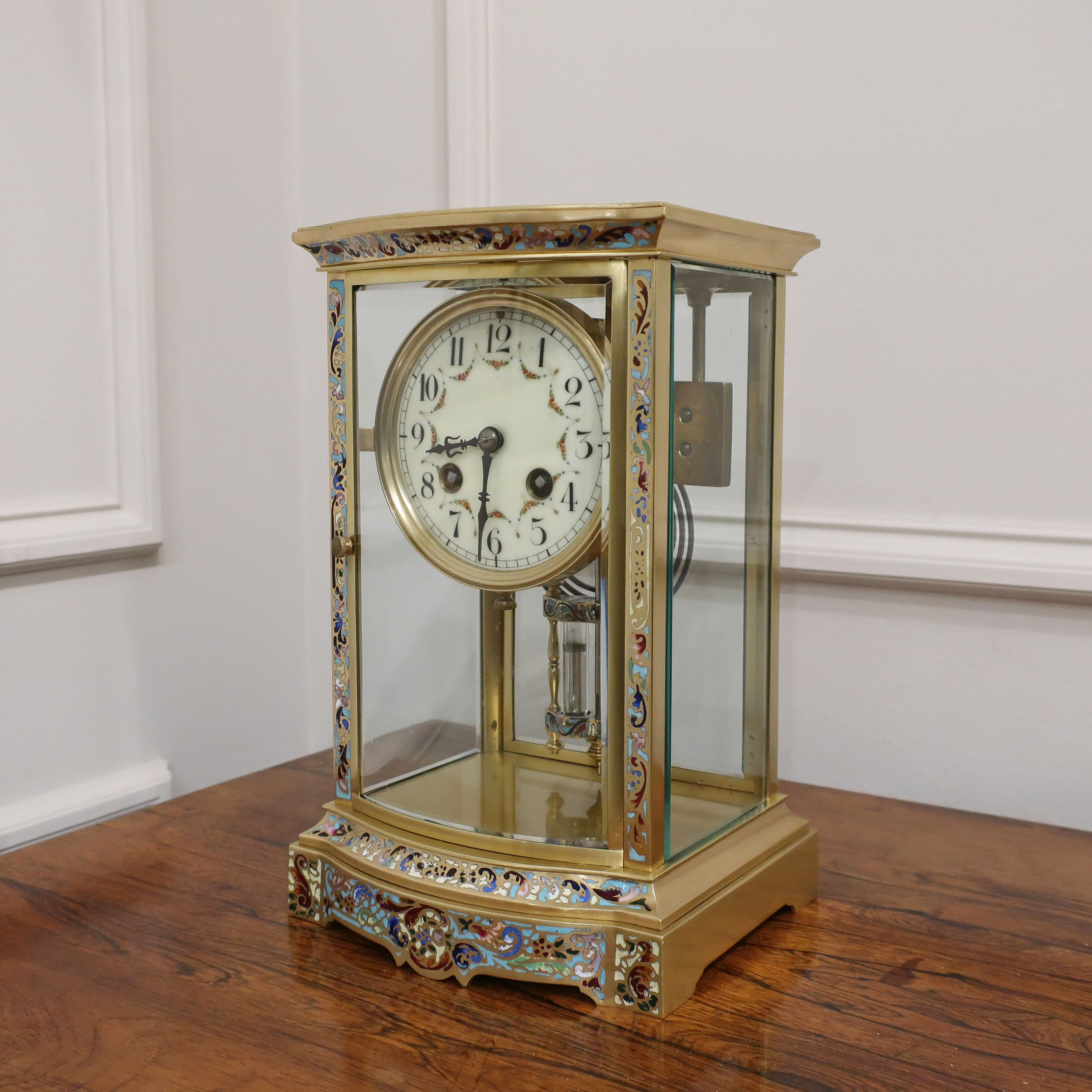French Four Glass Champleve Mantel Clock