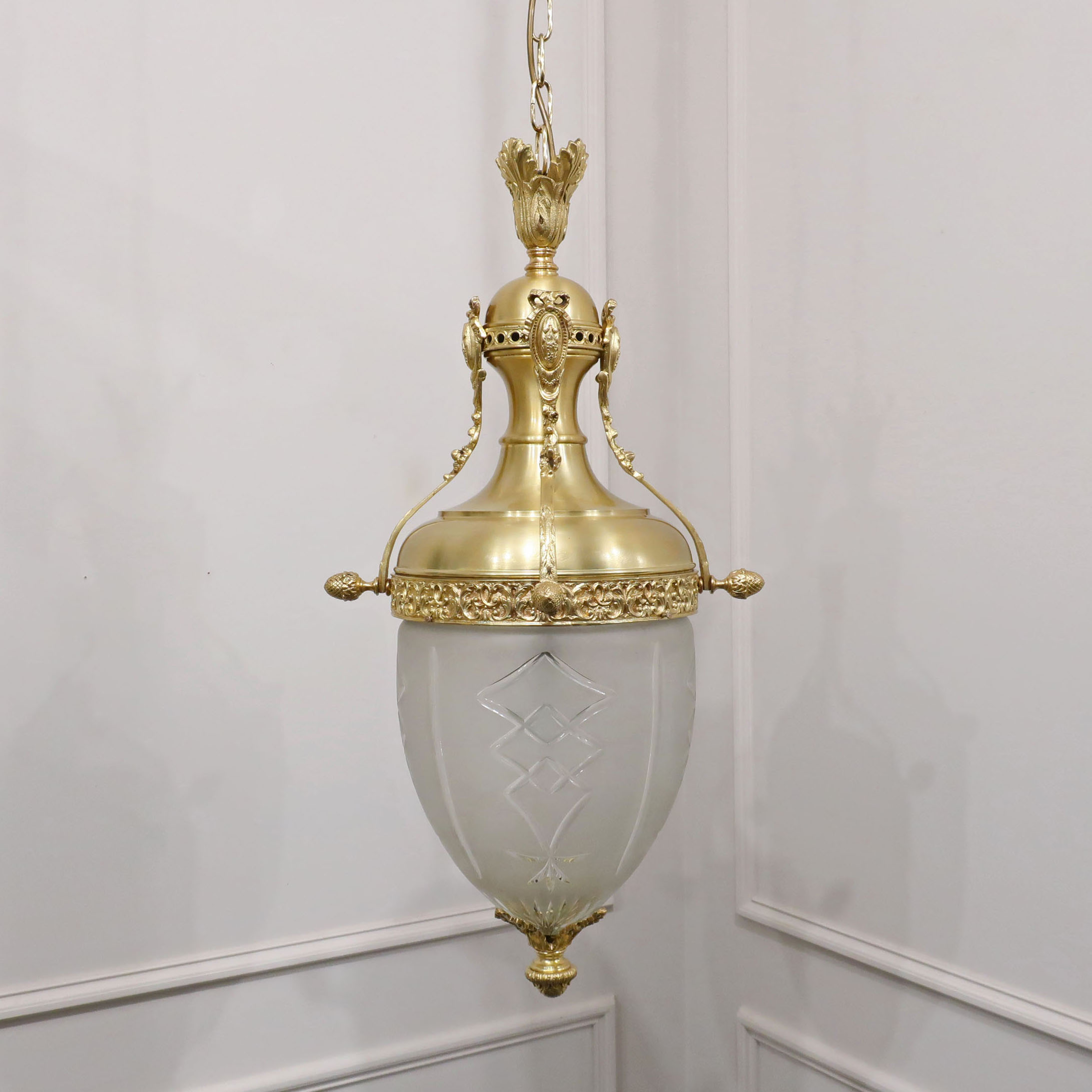 French Louis XVI Style Frosted Glass Hanging Pendant Lantern