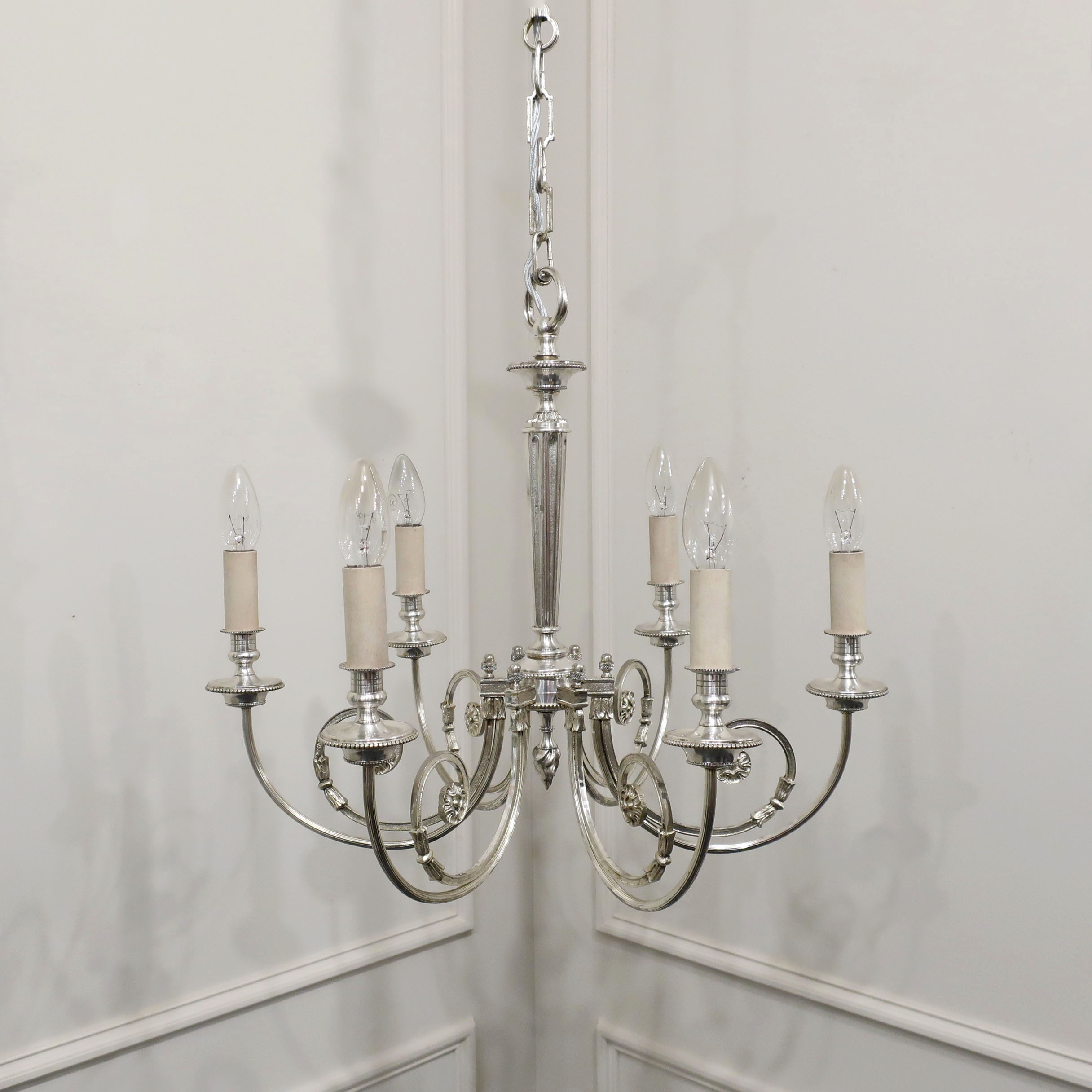 French Early 20th Century Silver Six Arm Chandelier