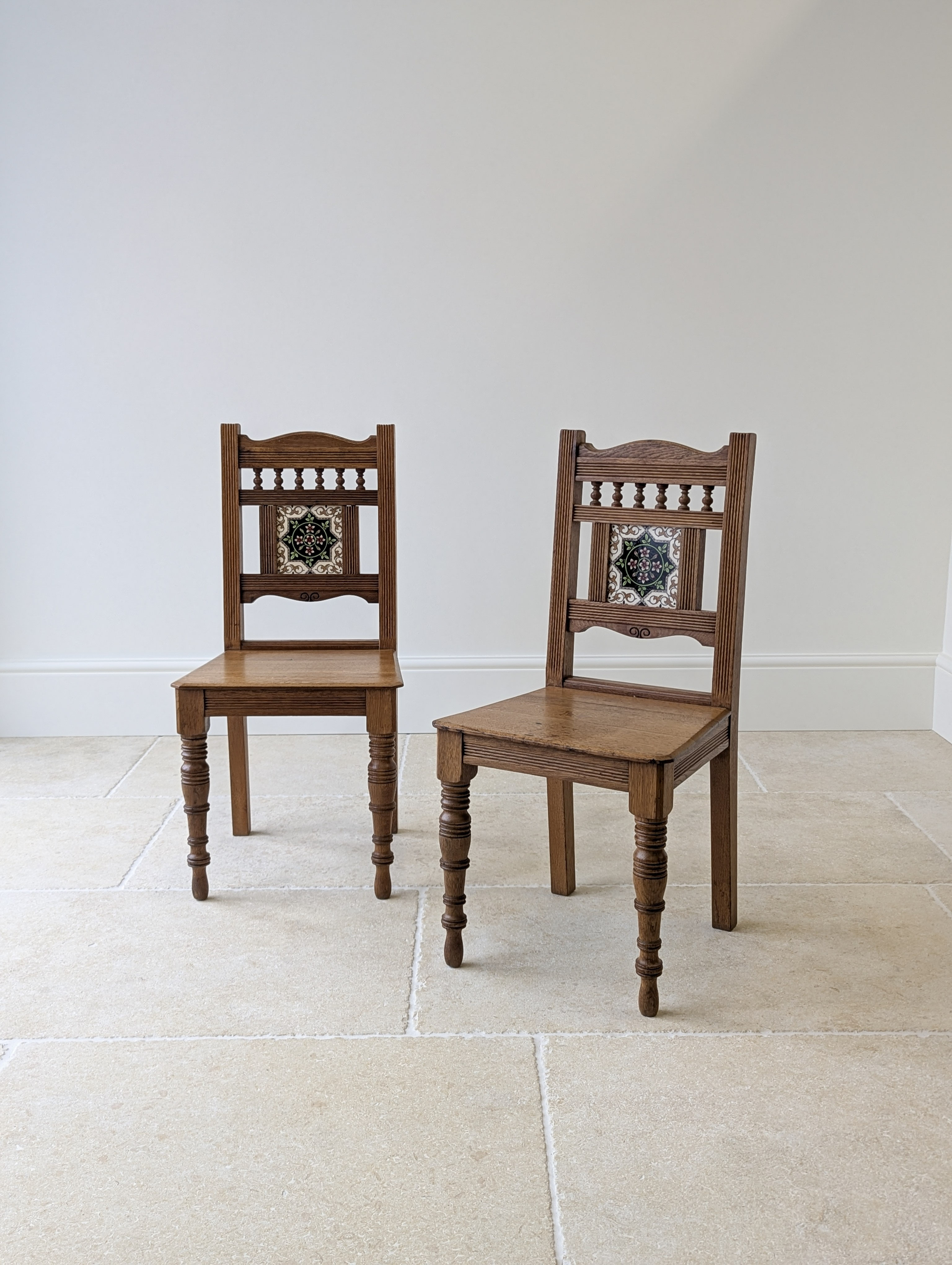Pair of Antique Victorian Oak Side Chairs with Ceramic Tile Backs c.1890