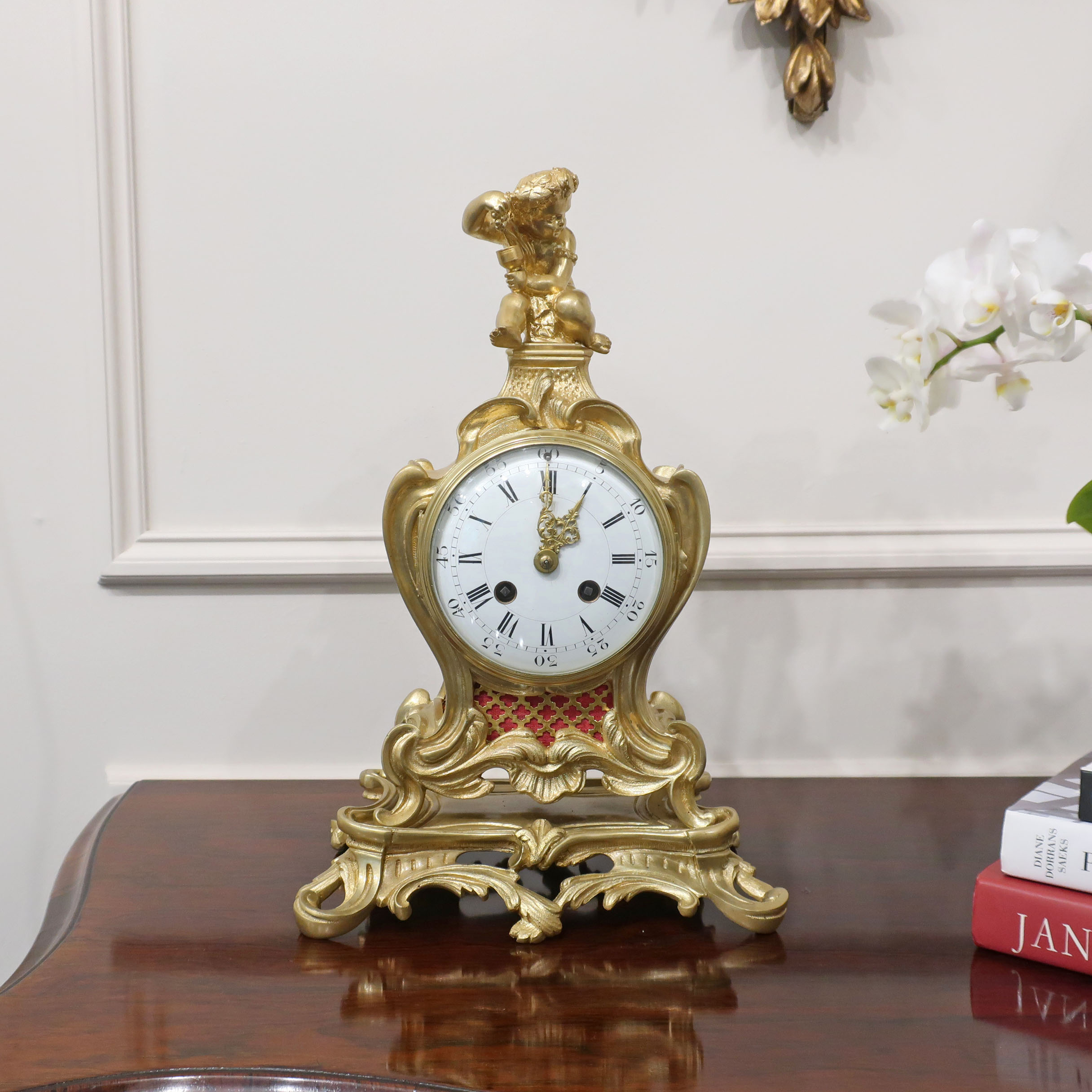 French Louis XV Style Gilt Brass Mantel Clock by Samuel Marti