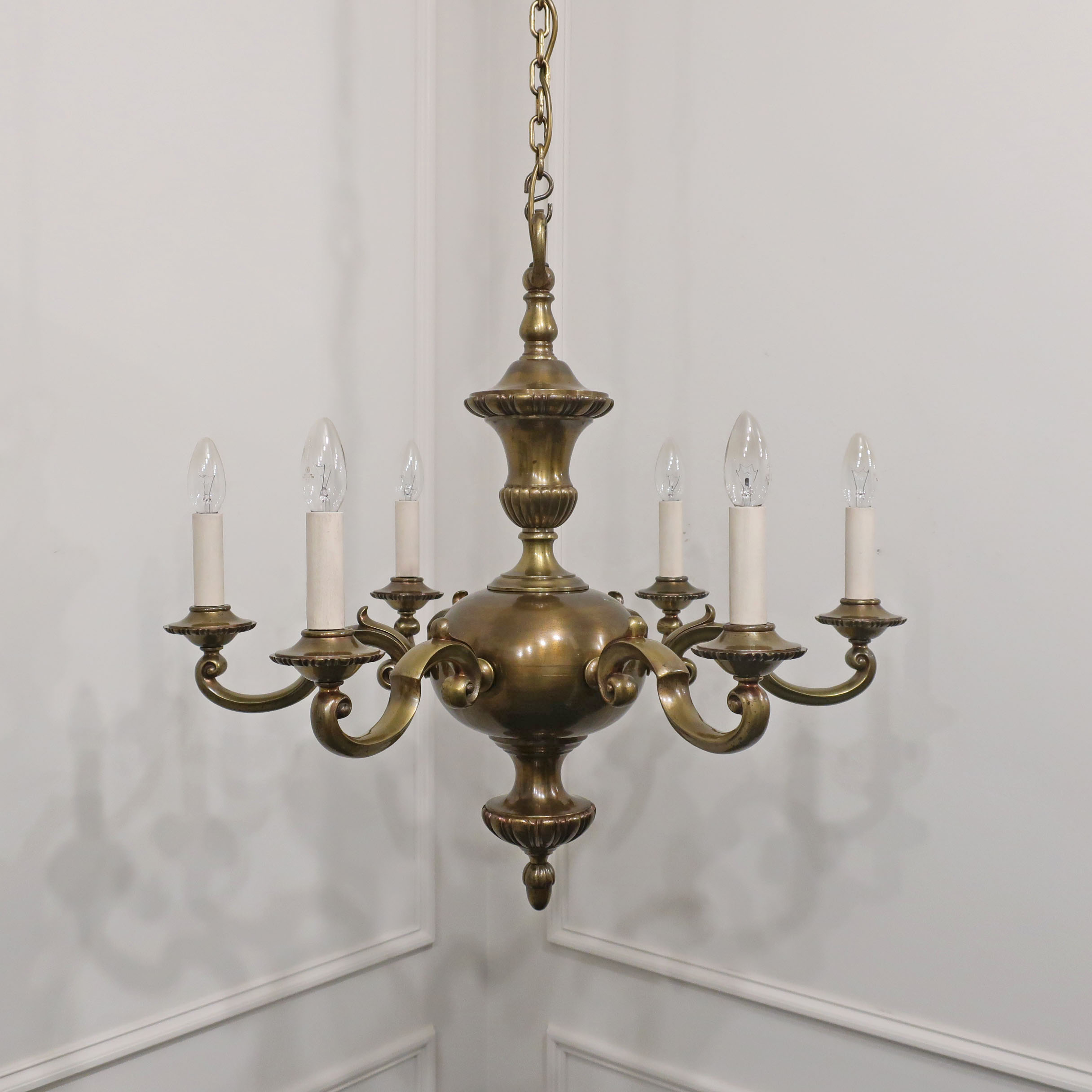 Large Edwardian Brass Six Arm Chandelier by G.E.C