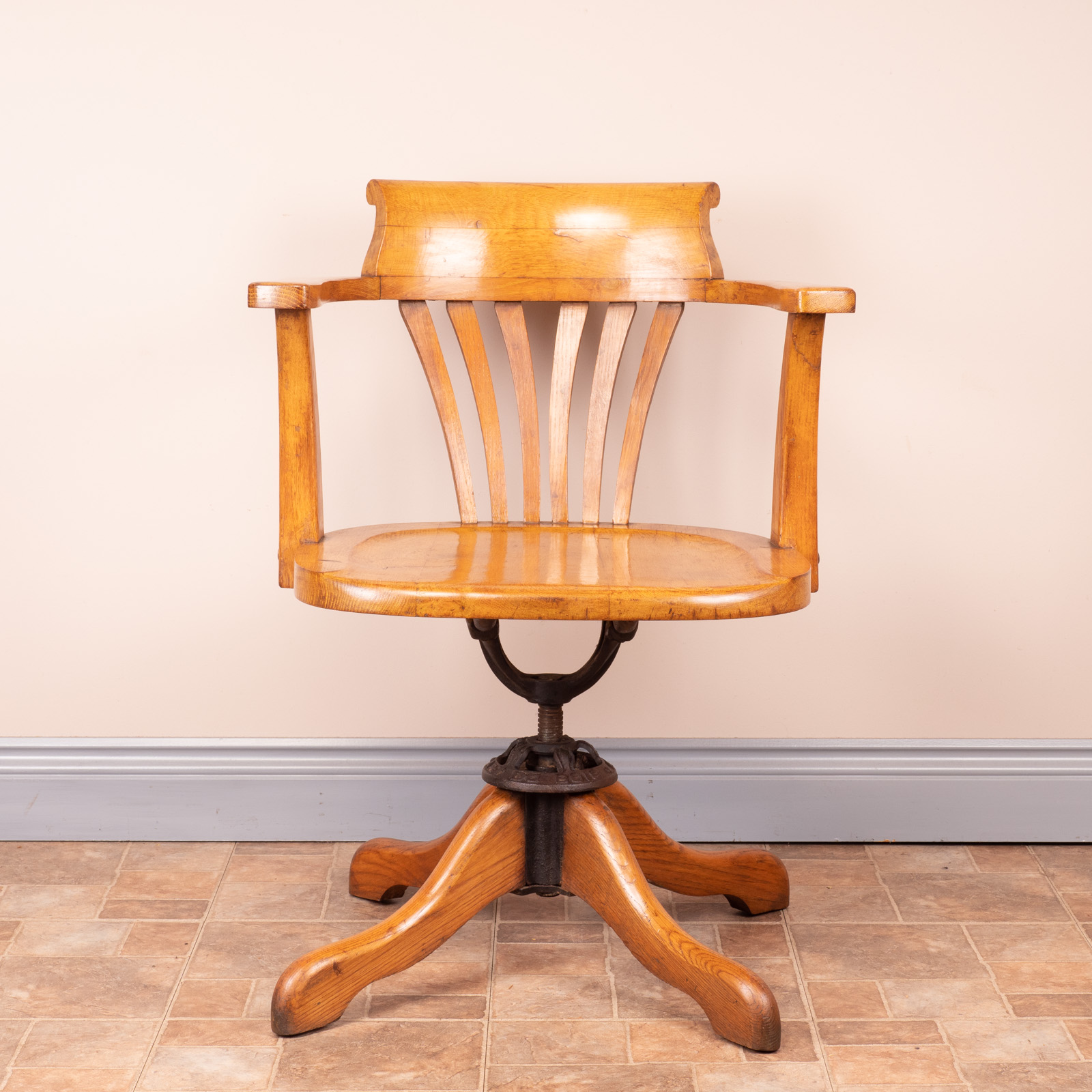 Oak Revolving Office Desk Chair With Wooden Seat