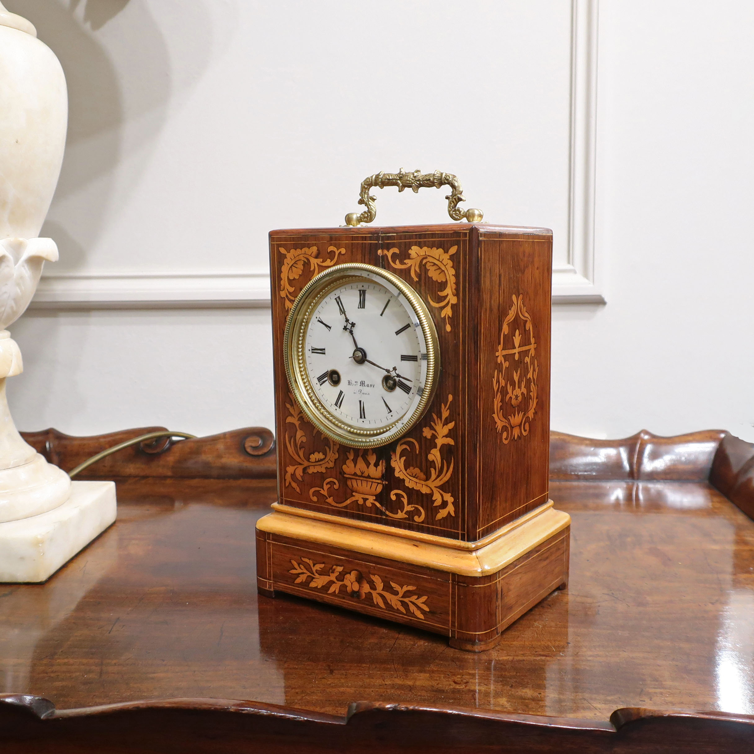 French Rosewood & Marquetry Inlaid Mantel Clock by Henry Marc