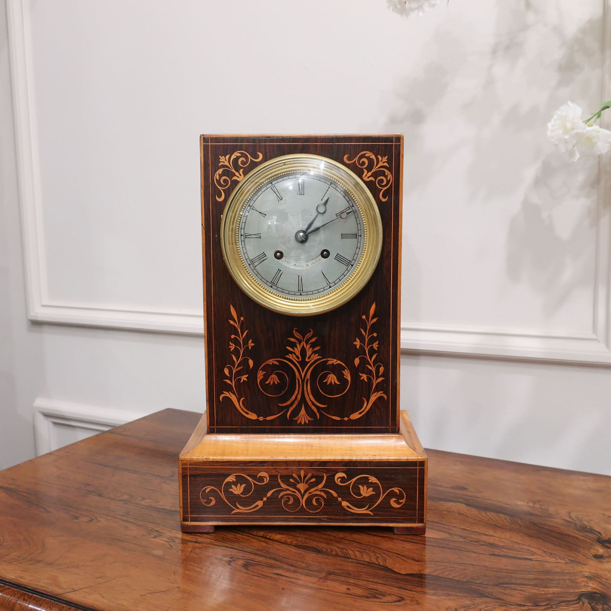 French Rosewood & Marquetry Mantel Clock by Henry Marc
