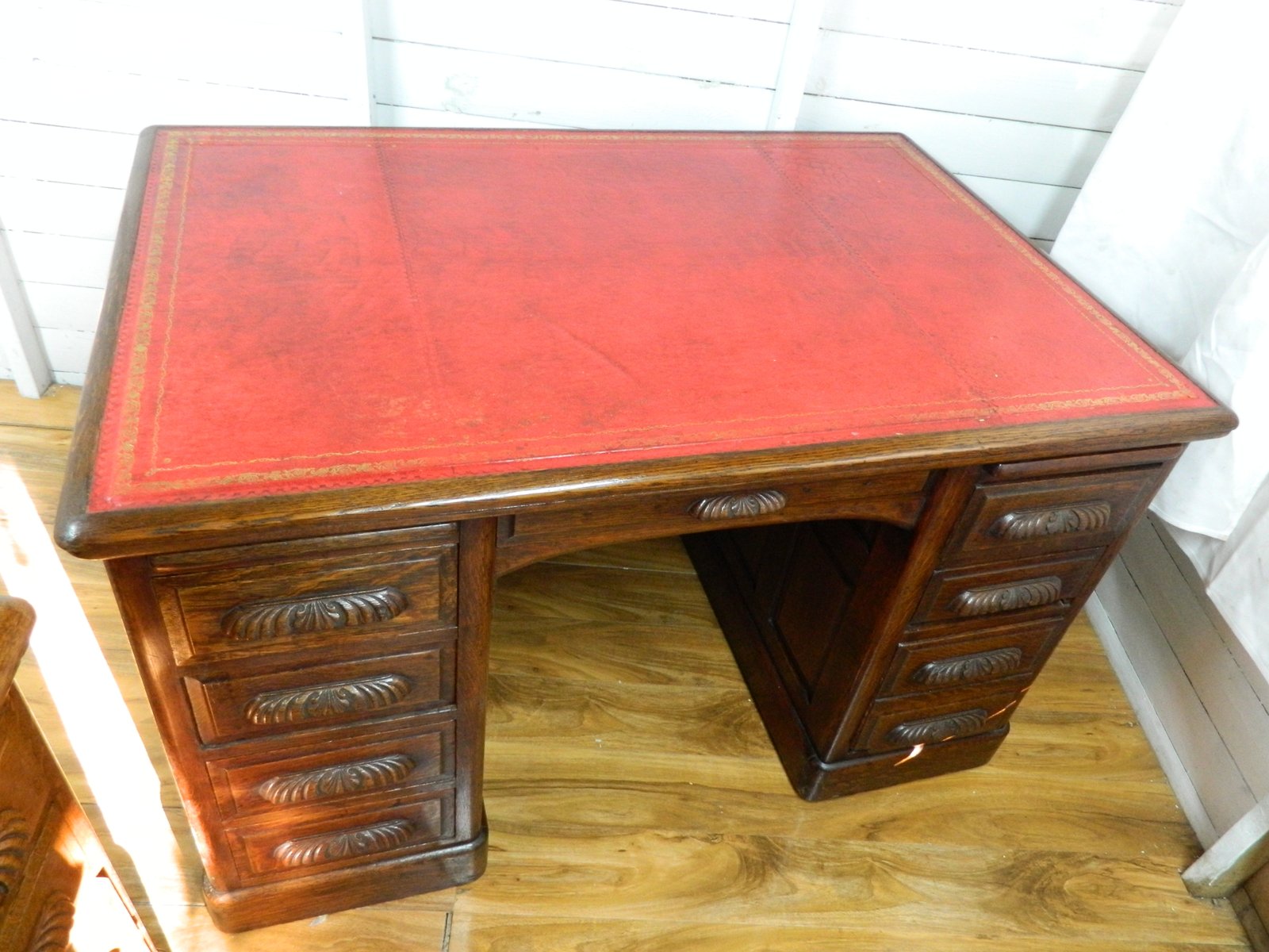 Oak Pedestal Bankers Desk with Leather Top